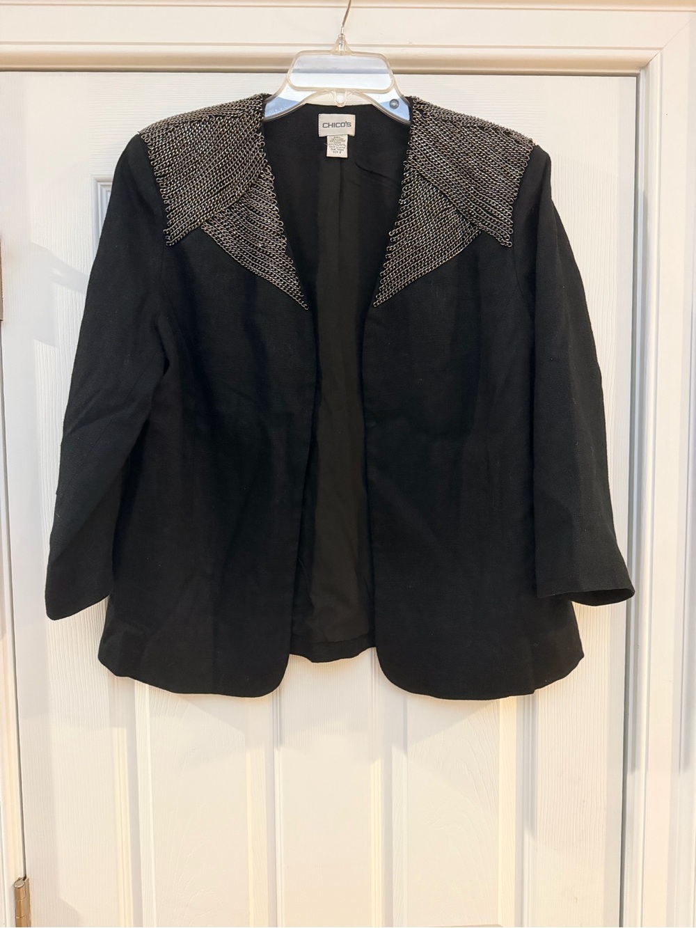 Ladies Size 2 "Chico's" Black Open-Front Jacket Chain Mail Silver-Tone Collar GC